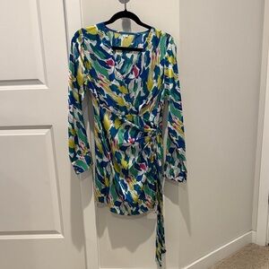 Abstract Multi-Color Wrap Dress - Blue, Green, Yellow